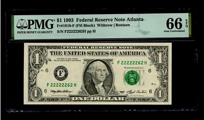 S/N F22222262H 1993 $1 Federal Reserve Note Atlanta PMG GEM 66 EPQ - Image 1 of 2