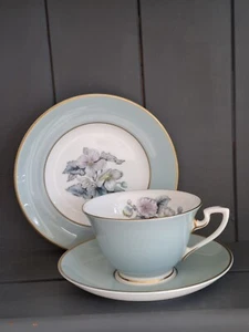 Royal Worcester Woodland Trio Teacup Saucer Plate Blue Floral Gold Tone Trim  - Picture 1 of 7