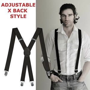Men X-Shape Suspenders Elastic Strap Brace 3 Clips Adjustable Pants Brace TBN US