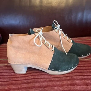 Sandgrens? Unmarked Suede Leather Color Block Swedish Wooden Clogs Boots EU 38 - Picture 1 of 8