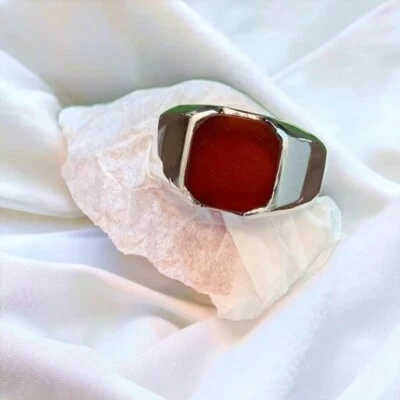 Anel masculino de prata esterlina 925 ágata vermelha fígado natural iemenita banda unissex Aqeeq - Imagem 1 de 4