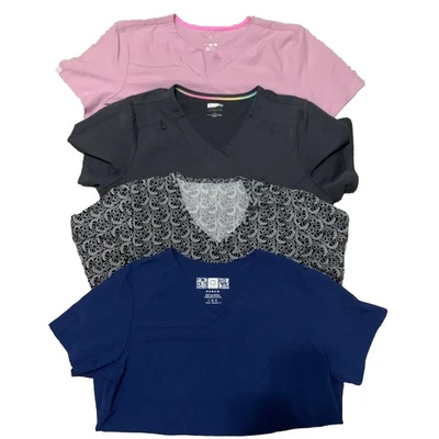 Lot Of 4 Womens Scrub Tops Solid Colors V-Neck Short Sleeve Pockets Sz L - Image 1 of 4