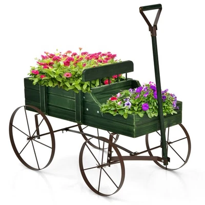 Patiojoy Wooden Garden Flower Planter Wagon Plant Bed W/ Wheel Garden Yard Green - Image 1 of 4