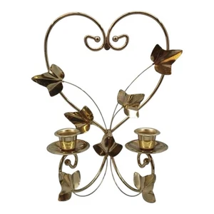 Vintage Home Interiors Brass Candle Holder Wall Sconce Leaves & Hearts 3151 - Picture 1 of 8