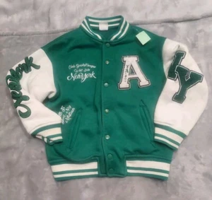 Zara Boys Green White New York Varsity Jacket Button Up Size 7 - Picture 1 of 8