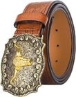 Western Cowboy PU Leather Belt - Men Waist Strap Bull Decoration Floral Engraved