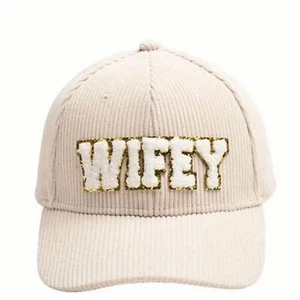 NEW WIFEY Patch Corduroy Baseball Cap Solid Casual Adjustable Cream/Off White - Picture 1 of 2