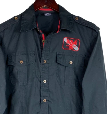 Camisa Avirex Mediana Abotonada Negra Roja Águila Informal Larga Slv Bordada J Foto 1 de 3