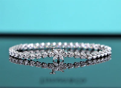 $31,700 Tiffany & Co Victoria Platinum Marquise Round Diamond Tennis Bracelet 6" - Image 1 of 4