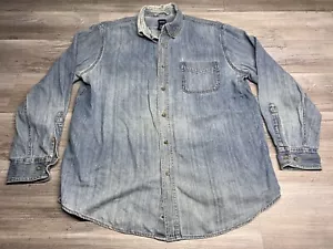 Vintage Basic Editions Denim Shirt Mens Size L Cotton Button Up Long Sleeve Blue - Picture 1 of 11
