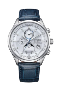 Radio Citizen BY1030-09A Eco-Drive Blanco Dail Fase Lunar Cuero Zafiro - Imagen 1 de 3