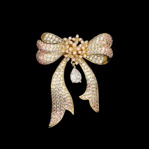 Women's Pink Clear Cubic Zirconia CZ Flower Bowknot Brooch Pin - Picture 1 of 3