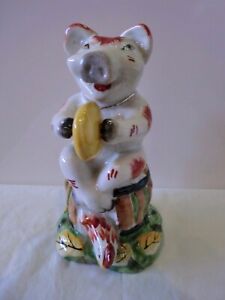 STAFFORDSHIRE VINTAGE PIG PLAYING A CYMBAL 6" TALL HAND PAINTED ON GLAZE VGC