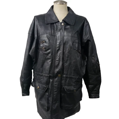 Karin Morgan Collection Vtg  Black Leather Zip Coat Jacket  A Lot of Pockets M - Image 1 of 4