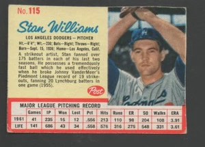 1962 Post Baseball Card #115 Stan Williams-Los Angeles Dodgers Vg Card - Picture 1 of 1