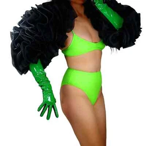 Women's REAL LEATHER TECH GLOVES Two Tone Green Black 45cm Elbow Long Fashion - Picture 1 of 9