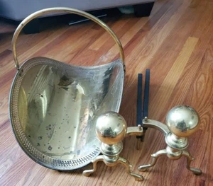 Vintage Pair Brass BALL TOP Fireplace Andirons - 17” x 11” w/ Brass Log Holder - Picture 1 of 3