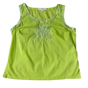 Tommy Hilfiger Blouse Womens 18 Green Tropical Sequins 100% Cotton Side Zip - Picture 1 of 11