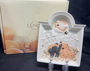 So Cute LENOX VTG HALLOWEEN TOMBSTONE TIDBIT DISH Black Cat Jack O Lantern - Picture 1 of 5