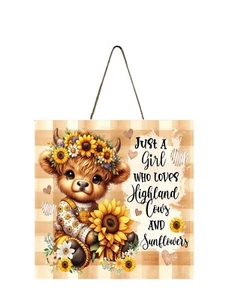 Highland Cow and Sunflowers Handmade Wood Mini Small Sign - Picture 1 of 8