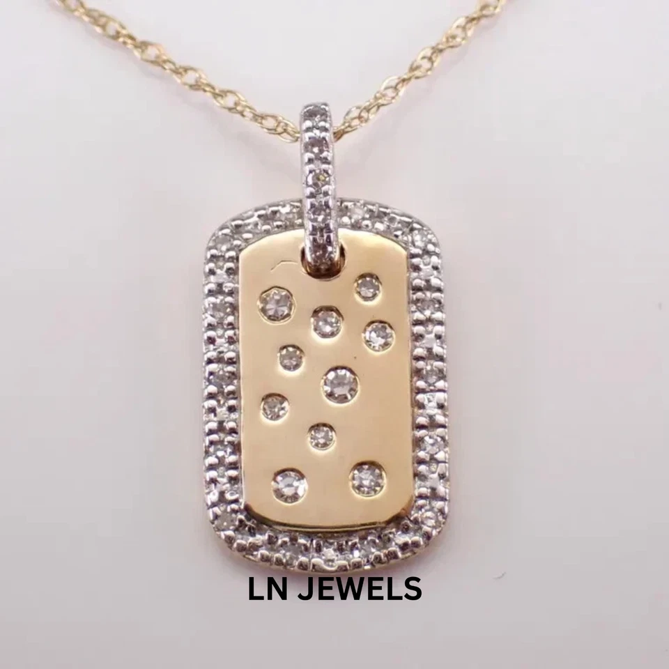 0.10Ct Round Cut Moissanite Dog Tag Charm Pendant 14K Yellow Gold Plated 18" - Image 1 of 4