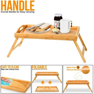 Bamboo Wooden Bed Lap Tray With Handles Folding Leg Serving Breakfast Lap Table - Picture 1 of 6