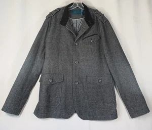 Perry Ellis Portfolio Mens Large Tweed Sport Coat Blazer Black Grey Elbow Patch - Picture 1 of 22