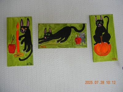 3 mini pinturas Halloween Gatos Calabaza Vela Ratón Manzana 2 x 4 pulgadas Original Foto 1 de 4