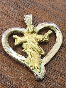 BGE STERLING SILVER GOLDEN TONE JESUS CHRIST HEART PENDANT INSCRIPTION - Picture 1 of 5