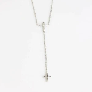 Two Cross with CZ Stones Drop Necklace White Gold - Picture 1 of 8