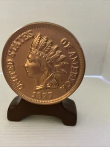 1877 Indian Head Penny Ceramic Piggy Bank 7" Tall signed 80 - Picture 1 of 7