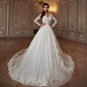 Luxury White A-Line Wedding Dresses V-Neck Long Sleeved Court Train Bridal Gowns - Picture 1 of 9