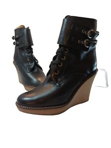 Juicy Couture Black Leather Wedge Platform Boots Lace Buckles Women's 6.5