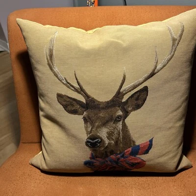 2 Rolande Du Dreuilh Stag Deer 18" Tapestry Toss Pillows Christmas Duck Feathers - Image 1 of 4