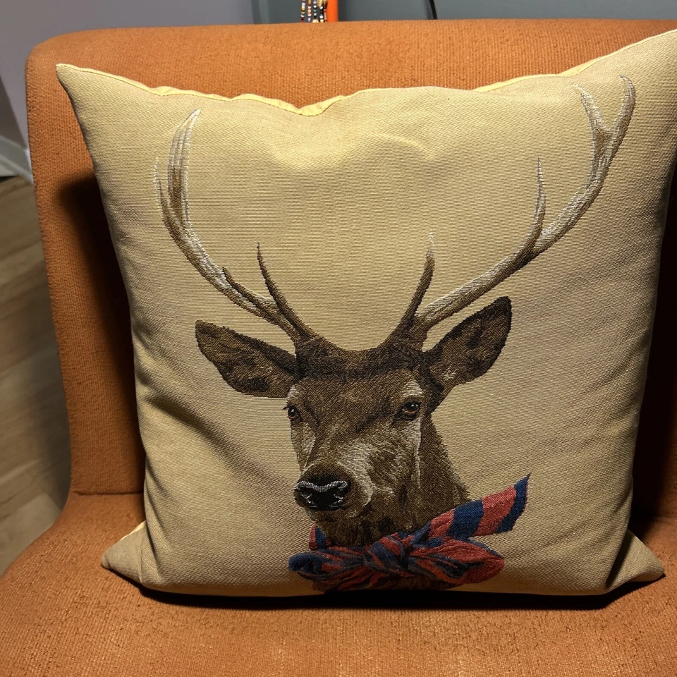 2 Rolande Du Dreuilh Stag Deer 18" Tapestry Toss Pillows Christmas Duck Feathers - Image 1 of 4