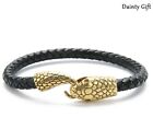 MEN /Women Animal Gold Snake Head Black Leather Bracelet / Wrist Bangle 6.5-9"