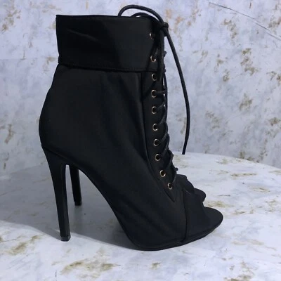 Liliana Women's Sz 6.5M Shoes Black Vegan Lace Up Peep Toe Fashion Heeled Boots - Image 1 of 4