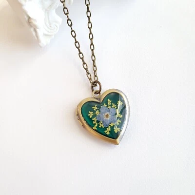 Pressed Flower Bronze Heart locket necklace pendant Vintage - Image 1 of 4