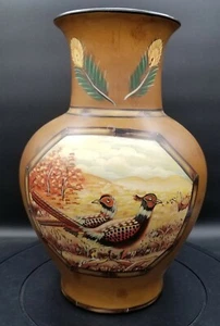 Vase en céramique faisan peint à la main 14 pouces marron, faux bois 9,5 pouces moyenne diapositive. Entièrement - Photo 1/18