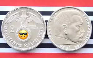 GERMANY 2 REICHSMARK 1939 A HINDENBURG Silver Coin Third Reich Genuine WW2 Mark - Picture 1 of 2