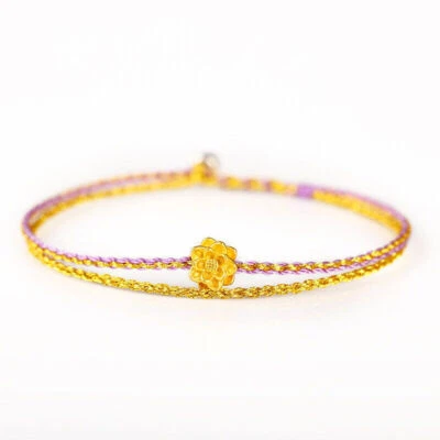 Pulsera tejida de loto de la suerte 3D de oro amarillo puro 999 24K regalo para mujer Foto 1 de 4