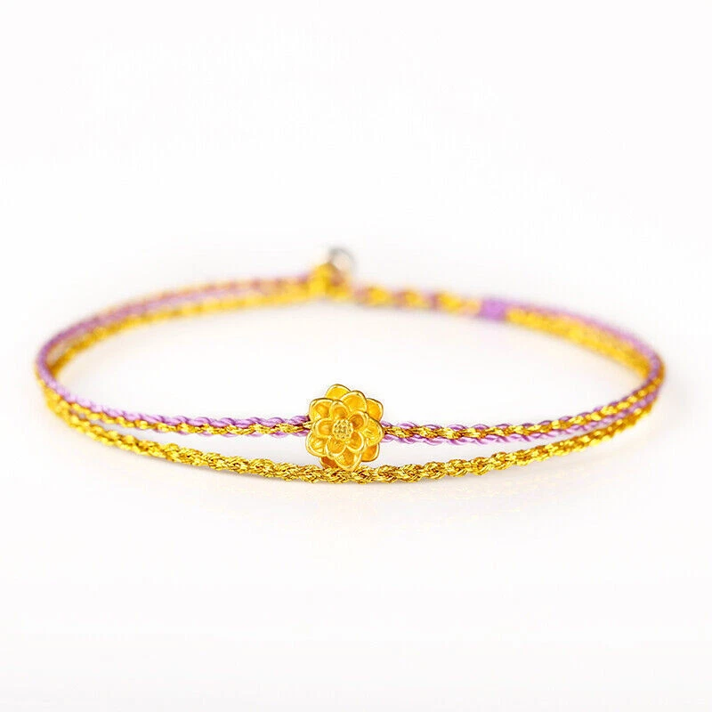 Pulsera tejida de loto de la suerte 3D de oro amarillo puro 999 24K regalo para mujer Foto 1 de 4