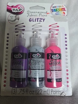 3 Pack TULIP Dimensional Writer Tip Fabric Paint Glitzy .75fl Purple Silver Pink - Image 1 of 4