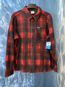 Columbia Steens Mountain Soft Fleece M Shirt Jacket Buffalo Plaid Red & Black - Picture 1 of 13
