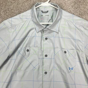 Under Armour HeatGear XL Button Up Gray Blue Plaid Vented Shirt Long Sleeve - Picture 1 of 11