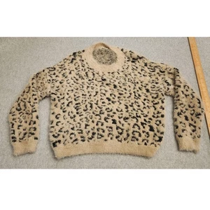 mi ami Sweater Womens Medium Beige Black Leopard Fuzzy Eyelash Knit Crewneck - Picture 1 of 15