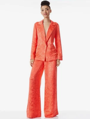 ALICE & OLIVIA Shanda Jacquard Satinado Pijama Blazer Pantalones Coral Naranja/Rojo Traje Foto 1 de 4