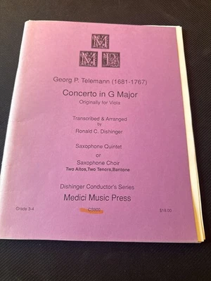 George Telemann Concerto in G Minor Saxophone Quintet Medici Music Press Book - Image 1 of 3