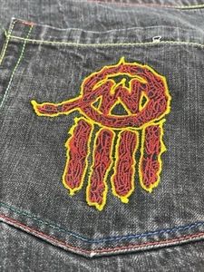 Jeans uomo vintage Miskeen taglia 38x32 ricamato tasca hip hop con cuciture colorate - Foto 1 di 20