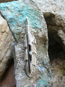 Buffalo Turquoise Handmade Feather Sterling Silver Gemstone Pendant XL Size AN4 - Picture 1 of 9
